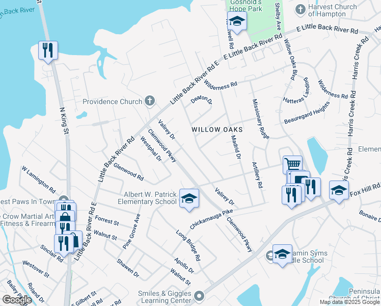 map of restaurants, bars, coffee shops, grocery stores, and more near 110 Margaret Drive in Hampton