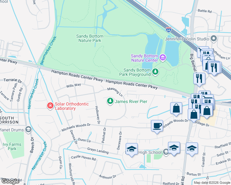 map of restaurants, bars, coffee shops, grocery stores, and more near 315 Michael Selby Drive in Hampton