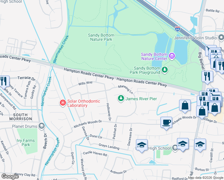 map of restaurants, bars, coffee shops, grocery stores, and more near 303 Michael Selby Drive in Hampton