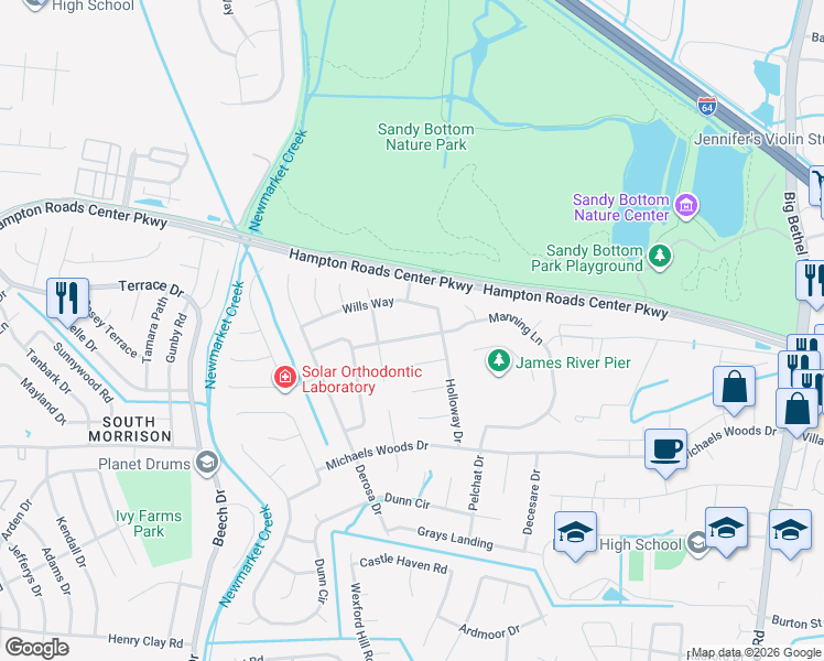 map of restaurants, bars, coffee shops, grocery stores, and more near 211 Manning Lane in Hampton