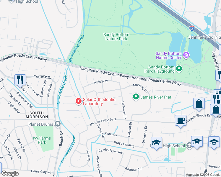 map of restaurants, bars, coffee shops, grocery stores, and more near 211 Manning Lane in Hampton
