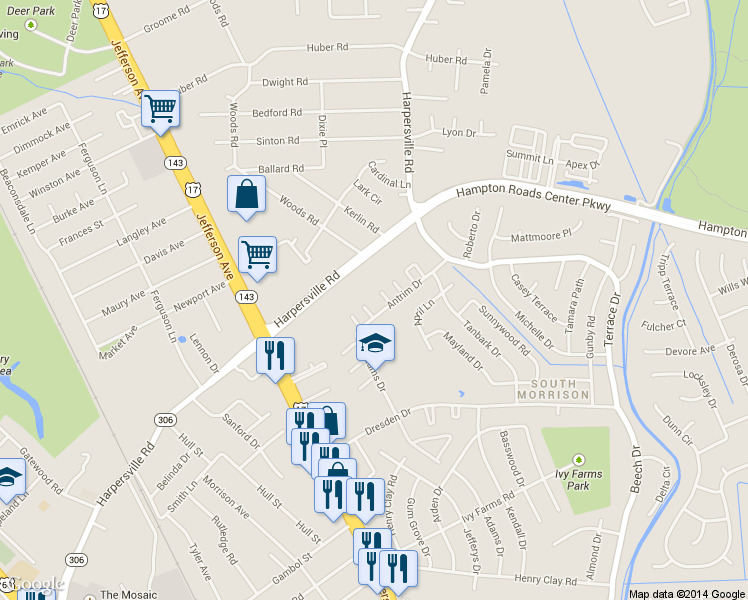 map of restaurants, bars, coffee shops, grocery stores, and more near 685 Antrim Drive in Newport News