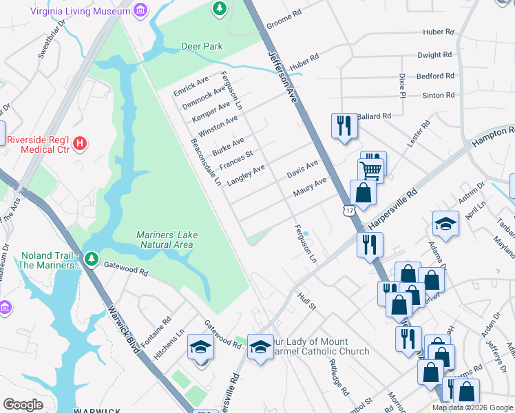 map of restaurants, bars, coffee shops, grocery stores, and more near 5 Maury Avenue in Newport News
