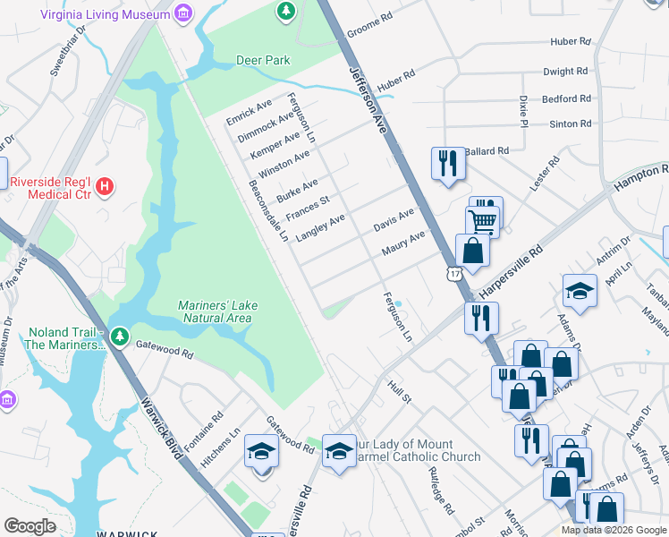 map of restaurants, bars, coffee shops, grocery stores, and more near 5 Maury Avenue in Newport News