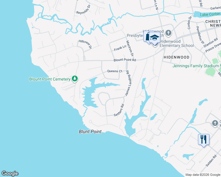 map of restaurants, bars, coffee shops, grocery stores, and more near 2 Lantern Circle in Newport News