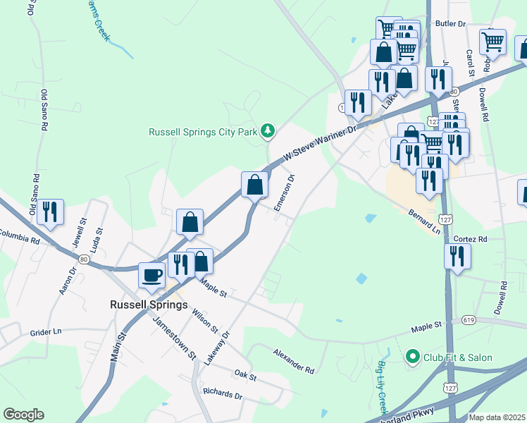 map of restaurants, bars, coffee shops, grocery stores, and more near 36 Short Street in Russell Springs
