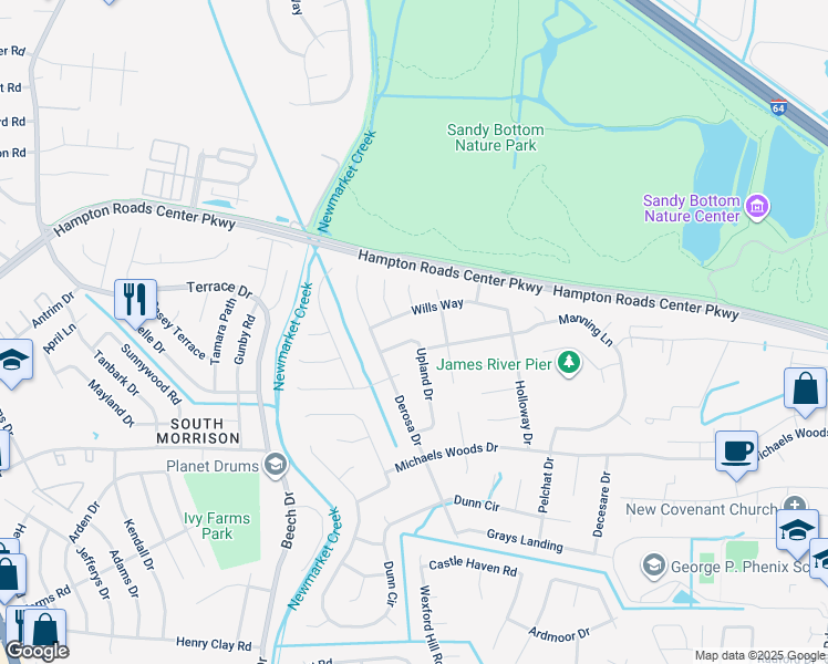map of restaurants, bars, coffee shops, grocery stores, and more near 238 Upland Drive in Hampton