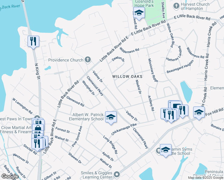map of restaurants, bars, coffee shops, grocery stores, and more near 110 Margaret Drive in Hampton