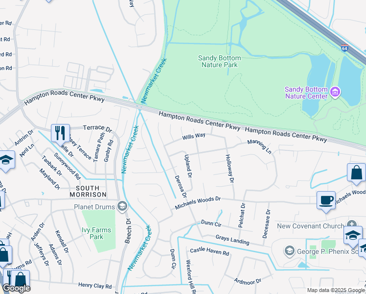 map of restaurants, bars, coffee shops, grocery stores, and more near 238 Upland Drive in Hampton