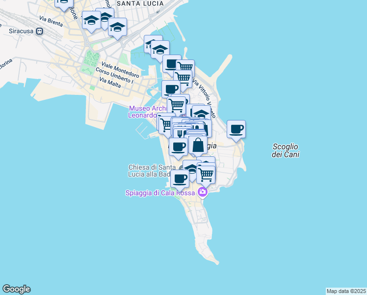 map of restaurants, bars, coffee shops, grocery stores, and more near 6 Via del Crocifisso in Siracusa