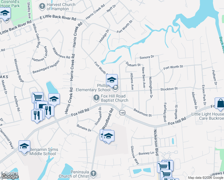 map of restaurants, bars, coffee shops, grocery stores, and more near 703 Lemaster Avenue in Hampton