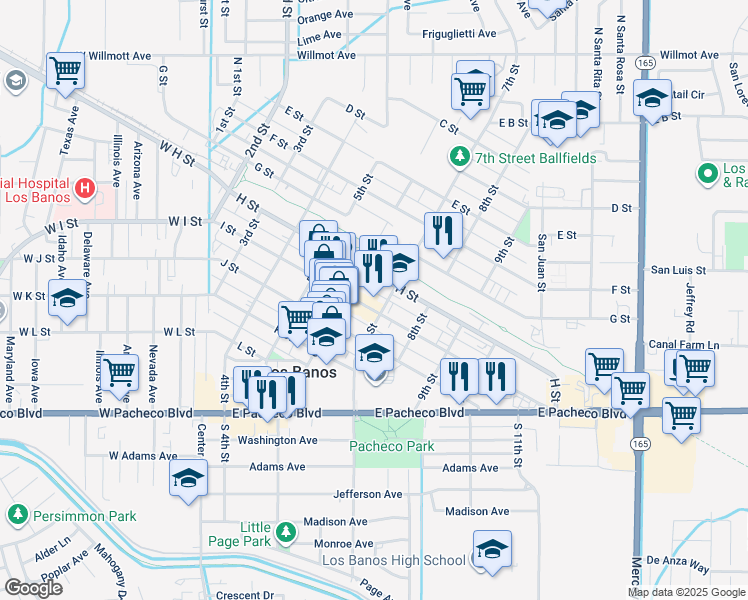 map of restaurants, bars, coffee shops, grocery stores, and more near 648 I Street in Los Banos