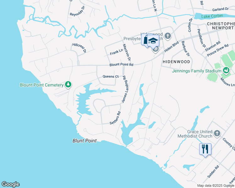 map of restaurants, bars, coffee shops, grocery stores, and more near 9 Lantern Circle in Newport News