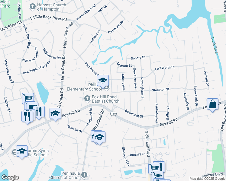 map of restaurants, bars, coffee shops, grocery stores, and more near 703 Lemaster Avenue in Hampton