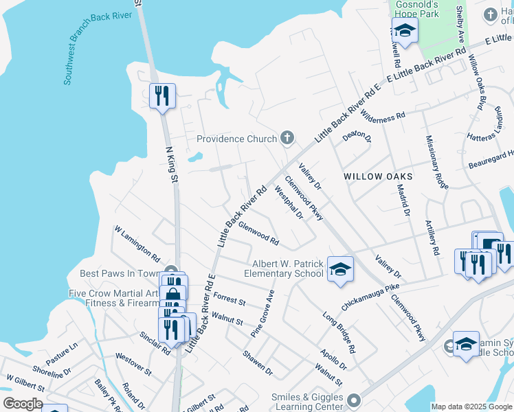 map of restaurants, bars, coffee shops, grocery stores, and more near 104 Rosewood Drive in Hampton