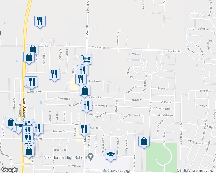 map of restaurants, bars, coffee shops, grocery stores, and more near Peachtree Drive in Nixa