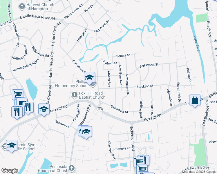 map of restaurants, bars, coffee shops, grocery stores, and more near 421 Stockton Street in Hampton