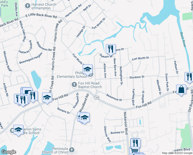 map of restaurants, bars, coffee shops, grocery stores, and more near 703 Lemaster Avenue in Hampton