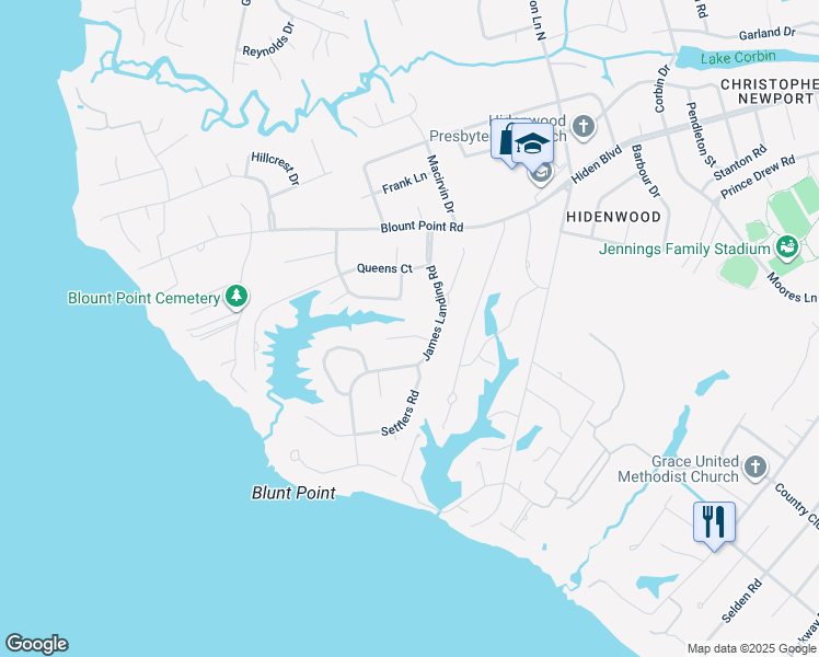 map of restaurants, bars, coffee shops, grocery stores, and more near 9 Lantern Circle in Newport News
