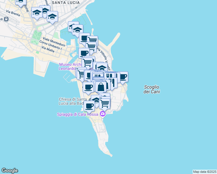 map of restaurants, bars, coffee shops, grocery stores, and more near 8 Via della Giudecca in Siracusa