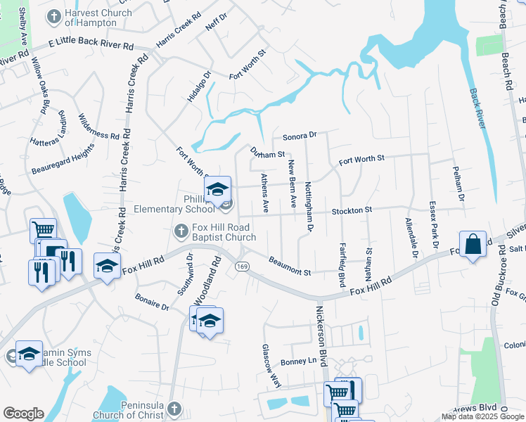 map of restaurants, bars, coffee shops, grocery stores, and more near 421 Stockton Street in Hampton