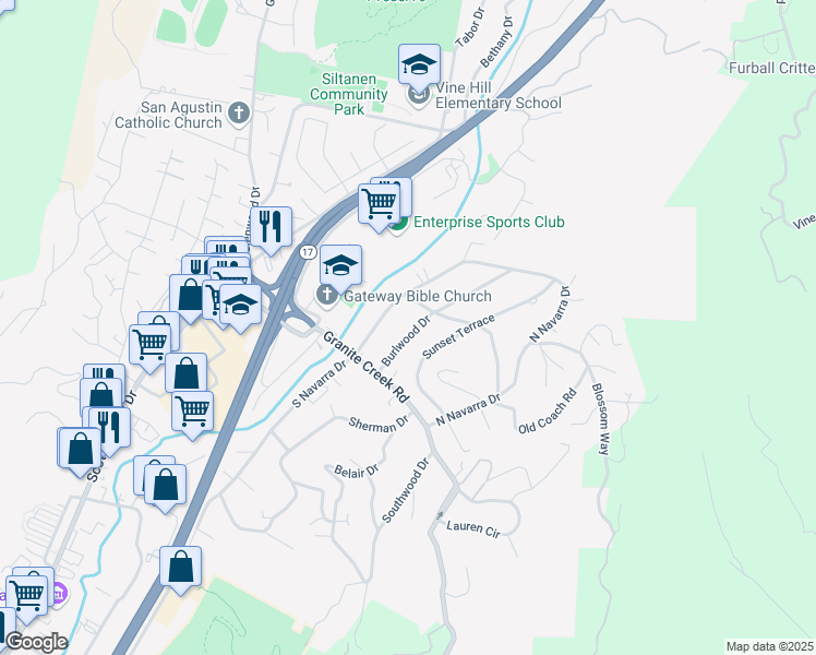 map of restaurants, bars, coffee shops, grocery stores, and more near 123 Burlwood Drive in Scotts Valley