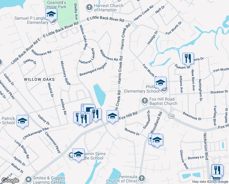 map of restaurants, bars, coffee shops, grocery stores, and more near 31 Harris Creek Road in Hampton