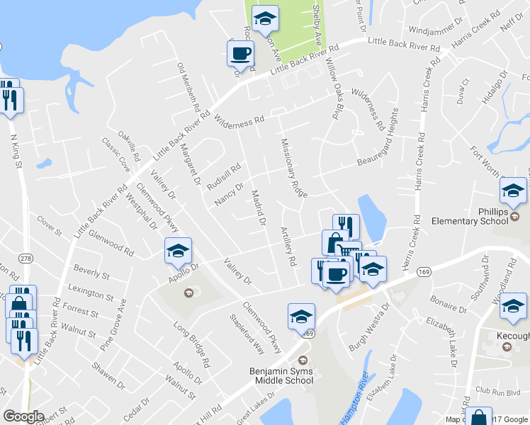 map of restaurants, bars, coffee shops, grocery stores, and more near 119 Madrid Drive in Hampton