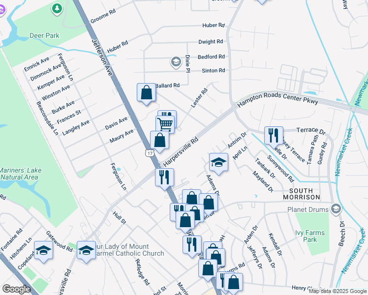 map of restaurants, bars, coffee shops, grocery stores, and more near 437 Harpersville Road in Newport News