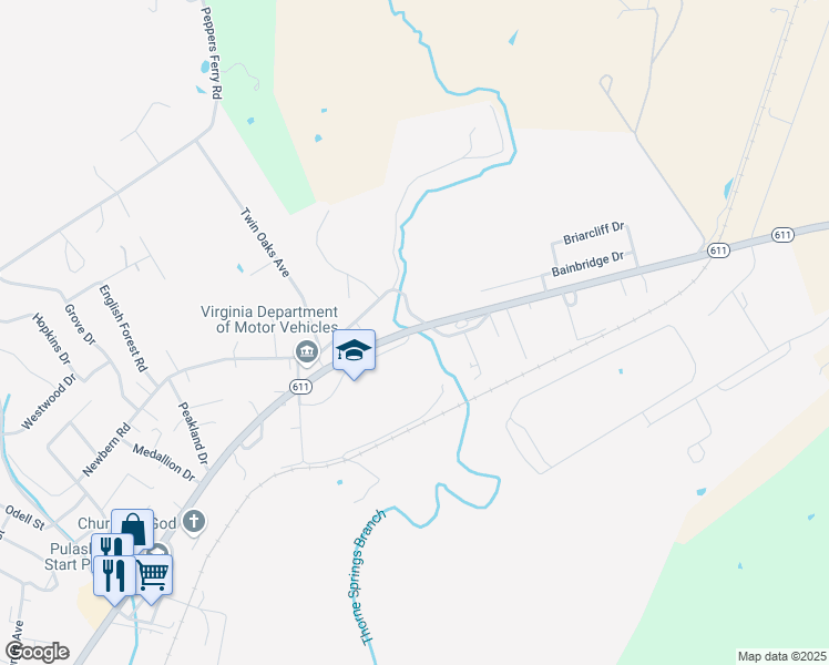 map of restaurants, bars, coffee shops, grocery stores, and more near 100 Critzer Drive in Pulaski