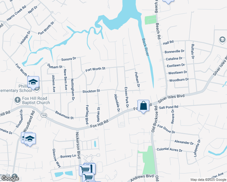 map of restaurants, bars, coffee shops, grocery stores, and more near 619 Allendale Drive in Hampton