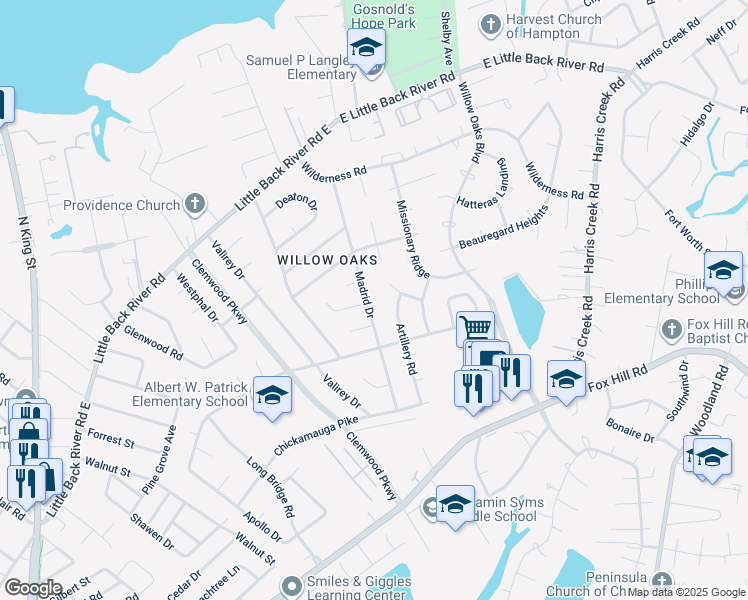 map of restaurants, bars, coffee shops, grocery stores, and more near 119 Madrid Drive in Hampton