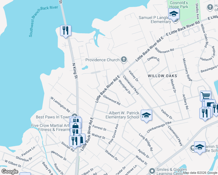 map of restaurants, bars, coffee shops, grocery stores, and more near 104 Rosewood Drive in Hampton