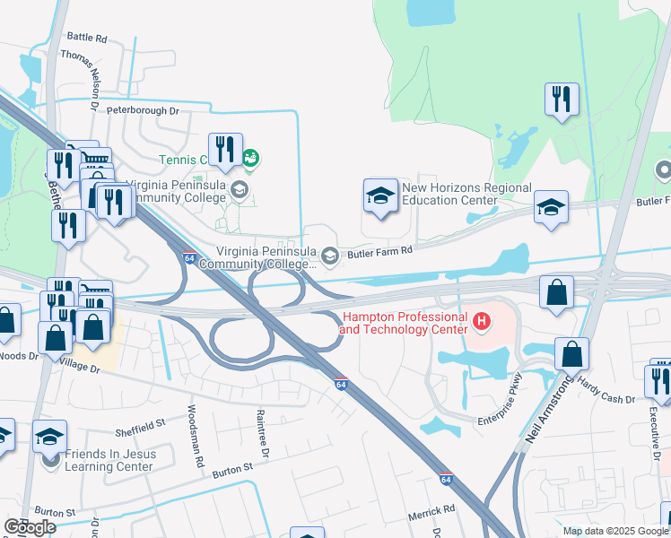 map of restaurants, bars, coffee shops, grocery stores, and more near in Hampton