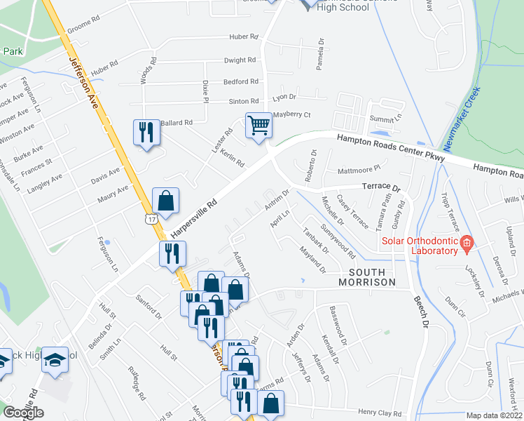 map of restaurants, bars, coffee shops, grocery stores, and more near 685 Antrim Drive in Newport News