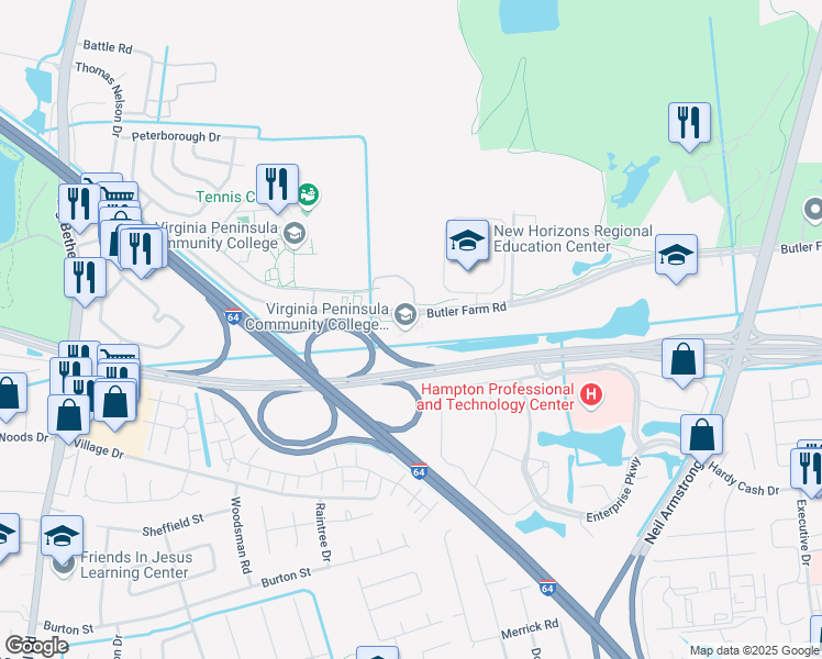 map of restaurants, bars, coffee shops, grocery stores, and more near in Hampton