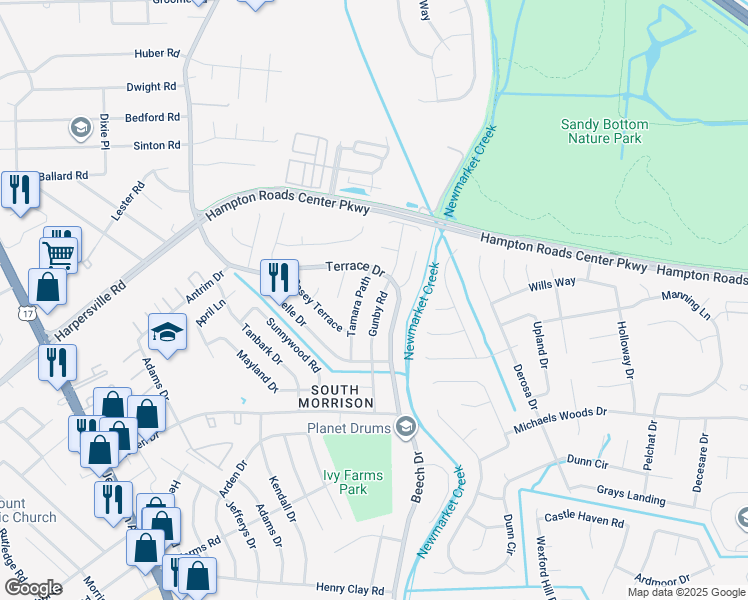 map of restaurants, bars, coffee shops, grocery stores, and more near 745 Gunby Road in Newport News