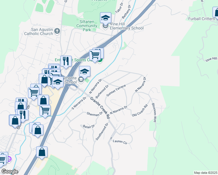 map of restaurants, bars, coffee shops, grocery stores, and more near 130 Burlwood Drive in Scotts Valley