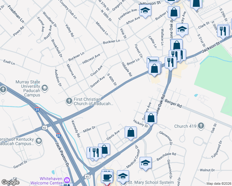 map of restaurants, bars, coffee shops, grocery stores, and more near 4016 Alben Barkley Drive in Paducah