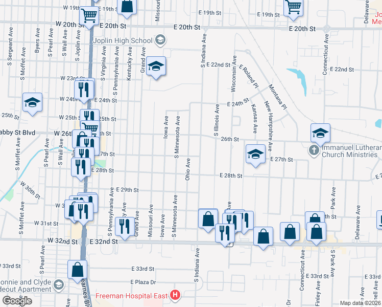 map of restaurants, bars, coffee shops, grocery stores, and more near 2701 Ohio Avenue in Joplin