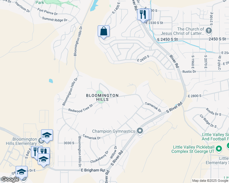 map of restaurants, bars, coffee shops, grocery stores, and more near 2872 Ebony Circle in St. George