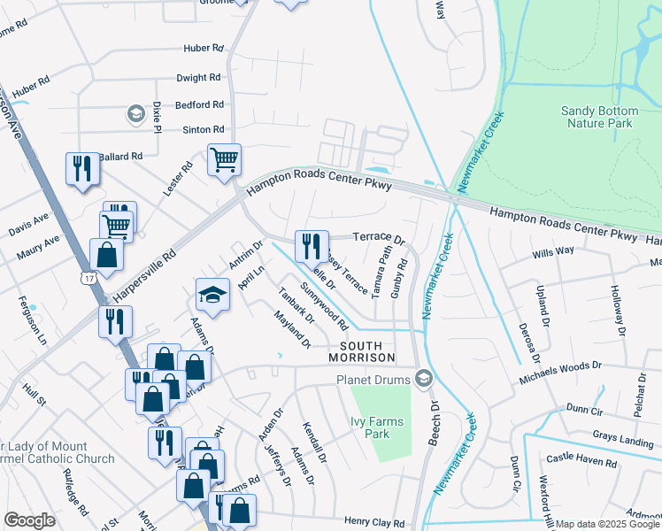 map of restaurants, bars, coffee shops, grocery stores, and more near 743 Casey Terrace in Newport News
