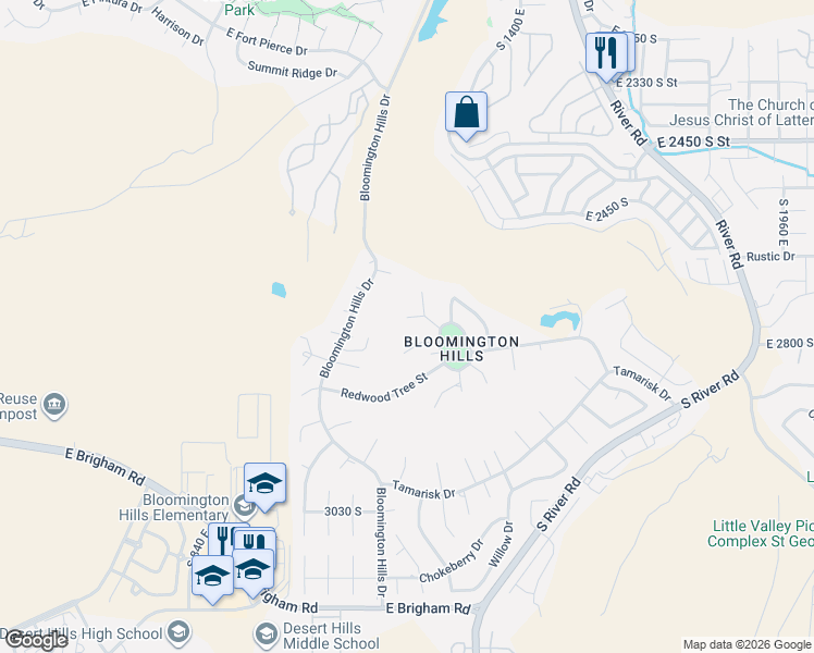 map of restaurants, bars, coffee shops, grocery stores, and more near 1243 Mahogany Circle in St. George