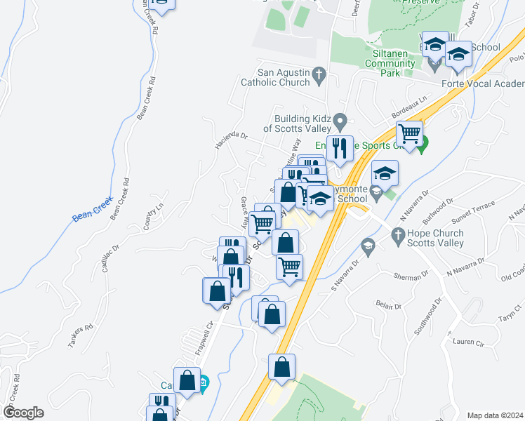 map of restaurants, bars, coffee shops, grocery stores, and more near 106 San Augustine Way in Scotts Valley