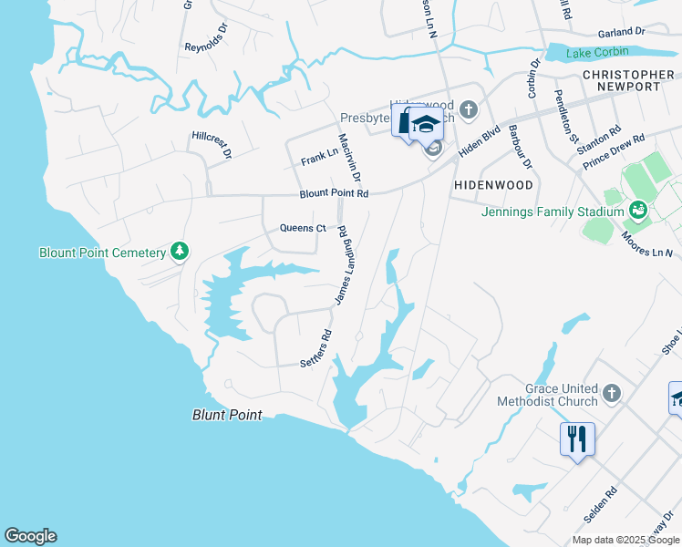 map of restaurants, bars, coffee shops, grocery stores, and more near 10 Lantern Circle in Newport News