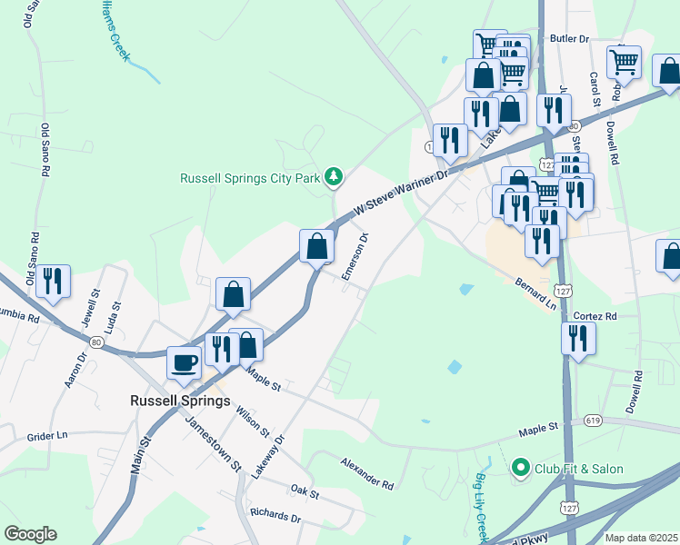 map of restaurants, bars, coffee shops, grocery stores, and more near 36 Short Street in Russell Springs