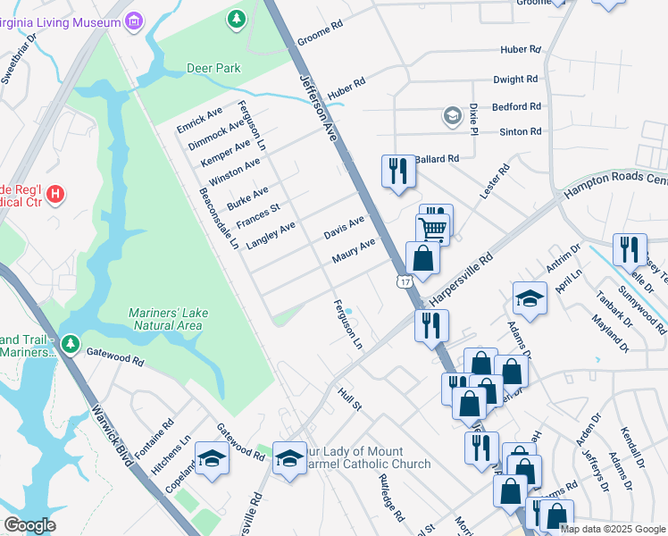 map of restaurants, bars, coffee shops, grocery stores, and more near 28 Maury Avenue in Newport News
