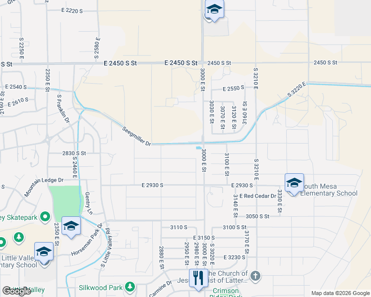 map of restaurants, bars, coffee shops, grocery stores, and more near 2934 Seegmiller Drive in St. George