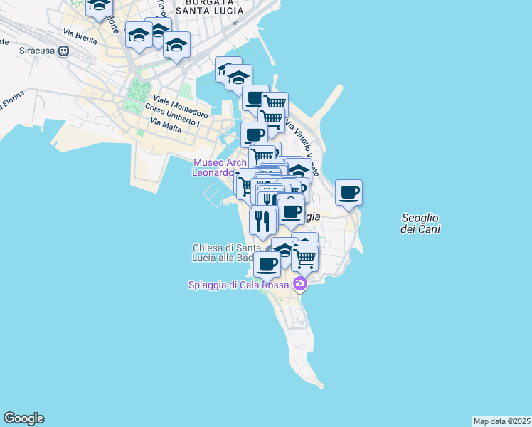 map of restaurants, bars, coffee shops, grocery stores, and more near 10 Via della Amalfitania in Siracusa