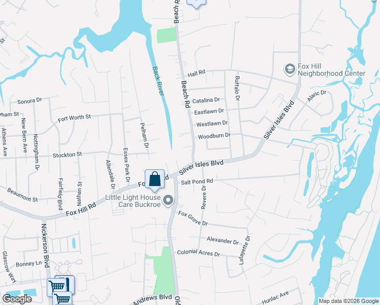 map of restaurants, bars, coffee shops, grocery stores, and more near 20 Beach Road in Hampton